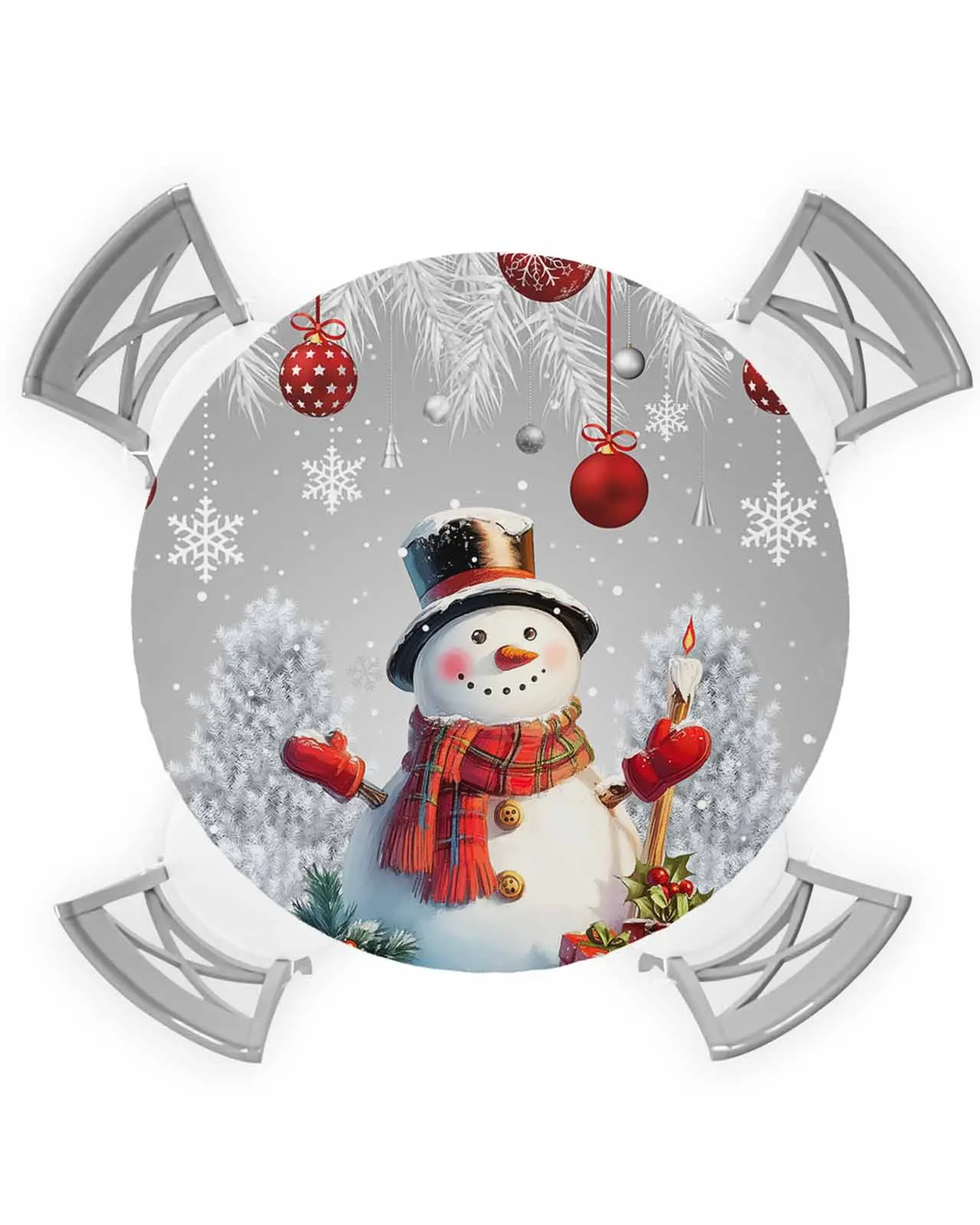 Snowman Silver Pine Leaves Christmas Ball Round Elastic Edged Table Cover Protector Cloth Waterproof Fitted Tablecloth