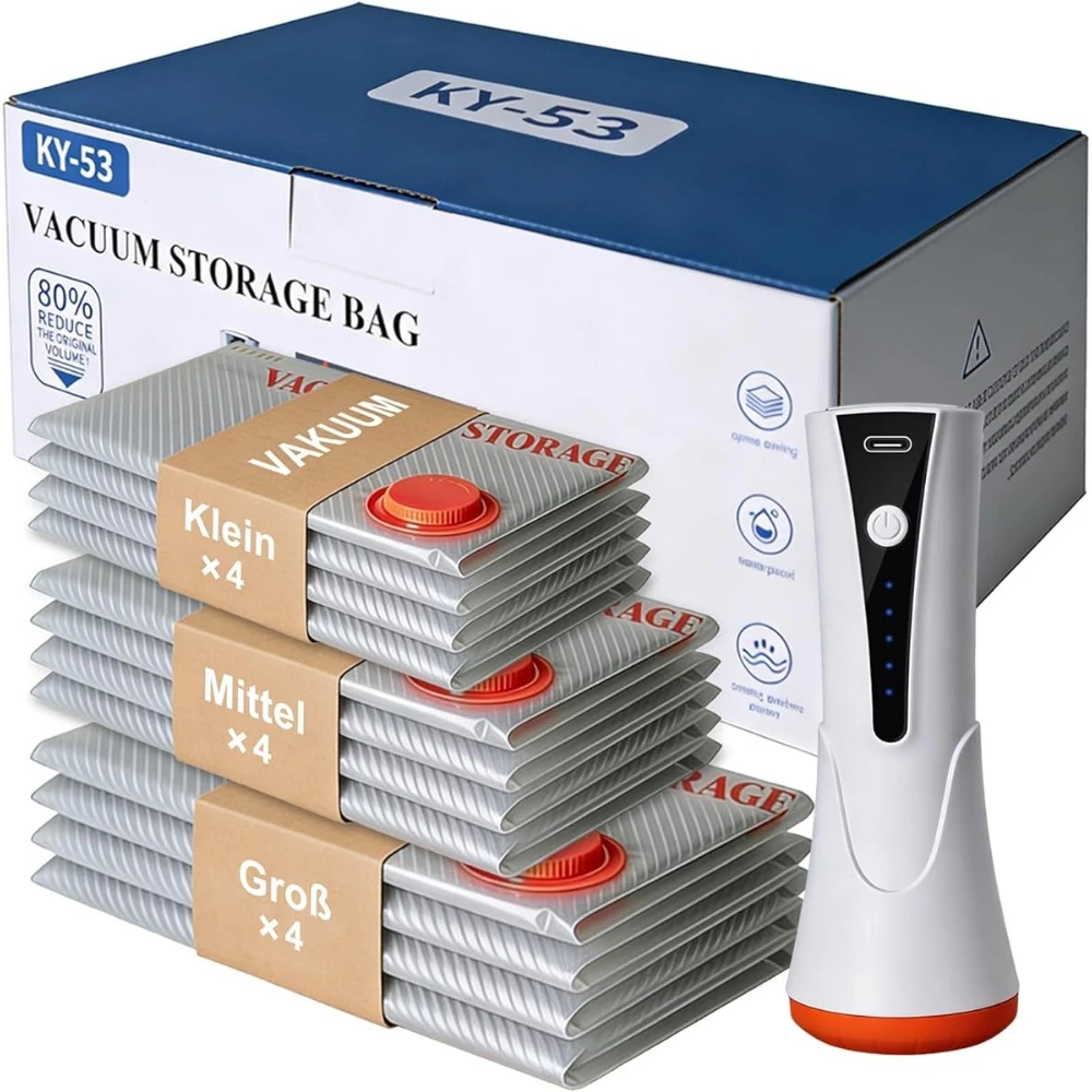 Pompe à vide électrique sans fil rechargeable de 1800 mAh, avec 12 sacs de rangement sous vide, pompe à air portable pour économiser de l'espace, mini scelleuse sous vide pour vêtements, emballage de voyage, rangement de placard et de maison
