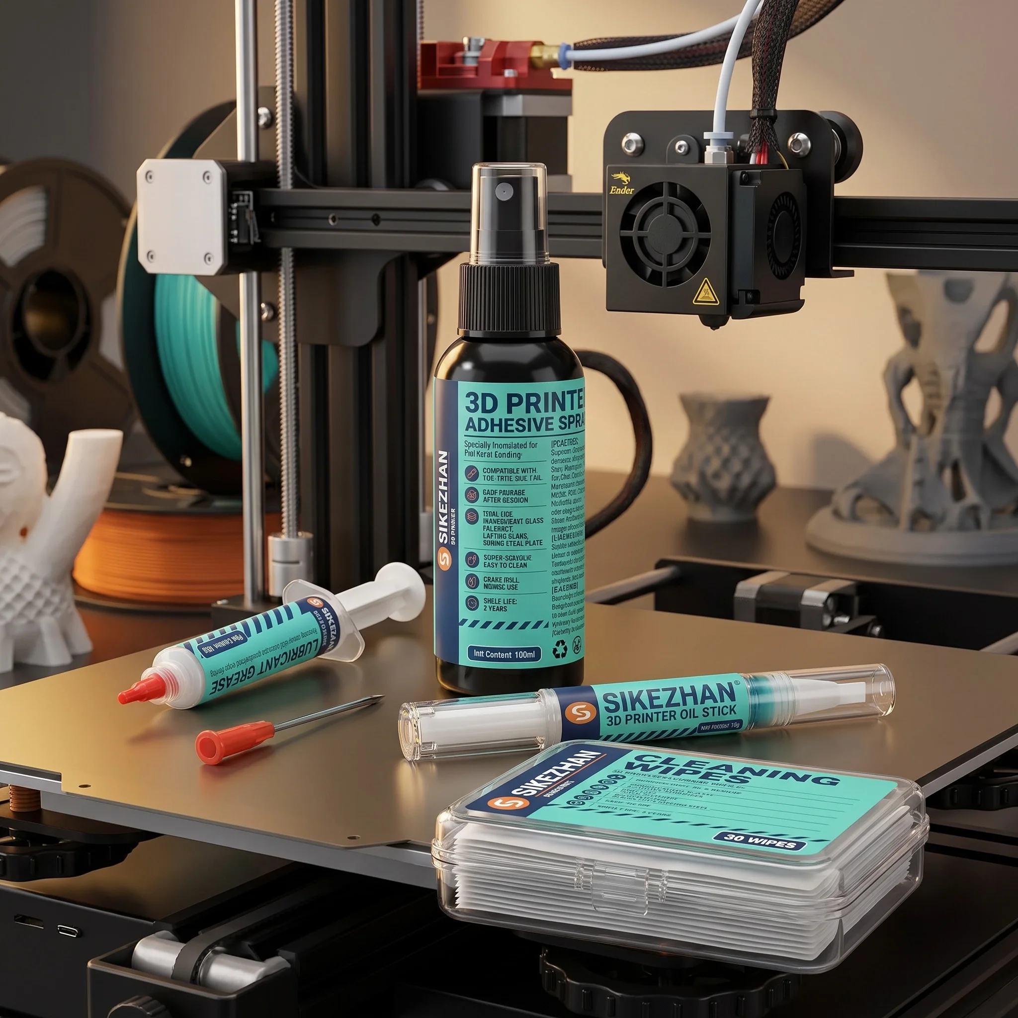 5 in 1 Professional 3D Printer Maintenance Kit: Bed Adhesive Spray, Precision Lubricant, Grease Wipes, Scraper & Platform Care