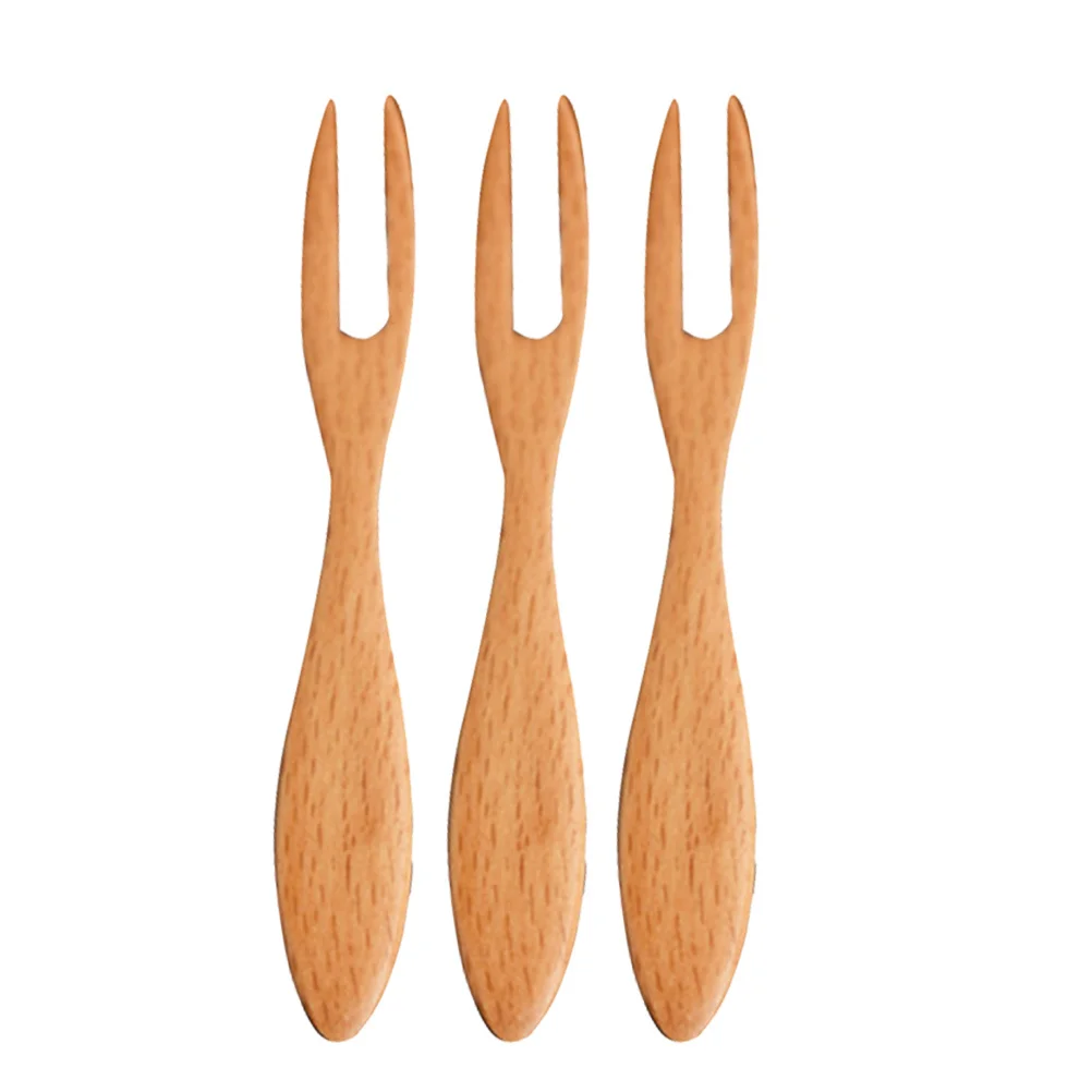 

3pcs Fruit Forks Beech Wood Smooth Lightweight For Cake Dessert Salad Pick Multifunctional Party Wedding Banquet Use Wooden