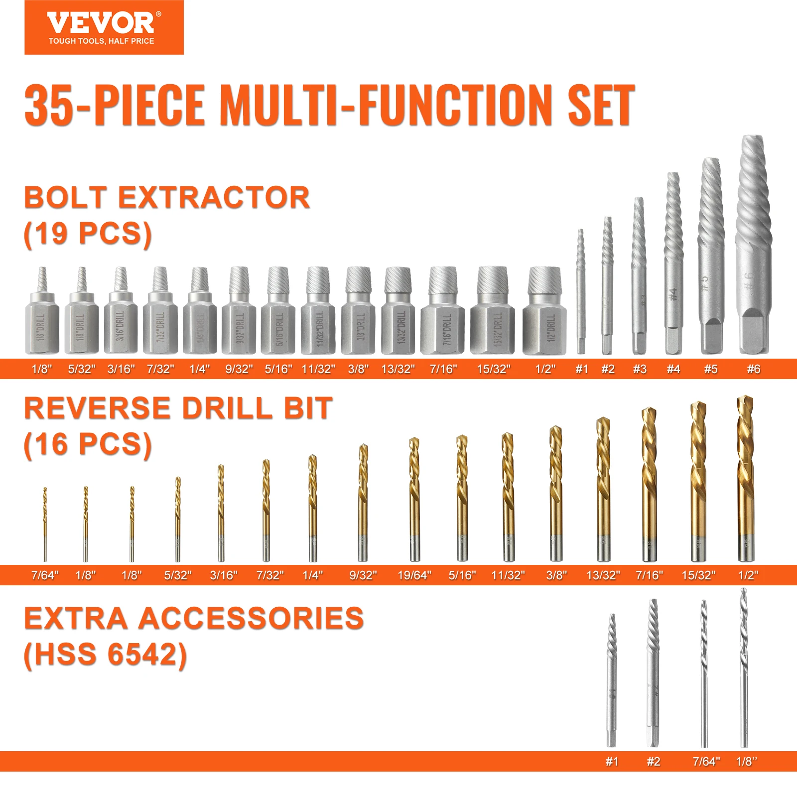 Imagem -02 - Vevor-kit Extrator Parafuso com Conjunto de Brocas Extrator Parafuso Brocas Hss Reversas 19 Pcs 35 Pcs 16 Pcs