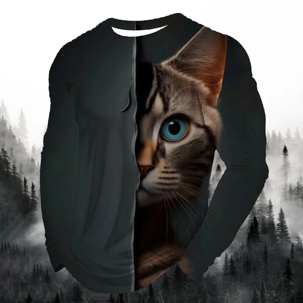 

Fashion Funny Cat And Dog Graphic 3D Printed Polyester Men's Long Sleeve T-shirt Autumn Casual Loose O-neck Tops Street Pullover