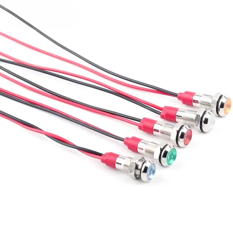 1pcs 8mm Flat Head LED Metal Indicator Light 8mm Waterproof Signal Lamp 6V 12V 24V 220v with Wire Red Yellow Blue Green White