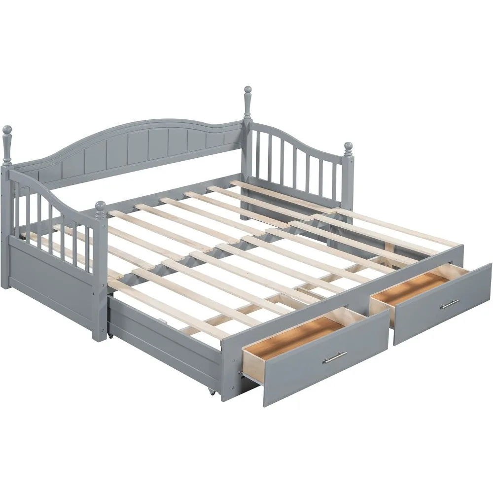 سرير نهاري حديث قابل للتحويل من Merax مع مقاس مزدوج إلى كينج، وسريرين منبثقين ودرجين تخزين، وسرير أريكة خشبي مع لوح رأسي