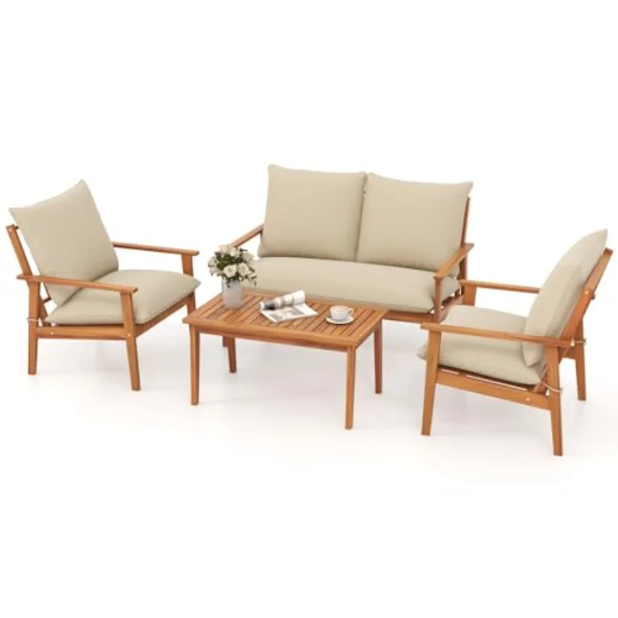 Outdoor acacia wood patio furniture set with natural finish and soft cushions: 4-piece conversation set including sectional sof