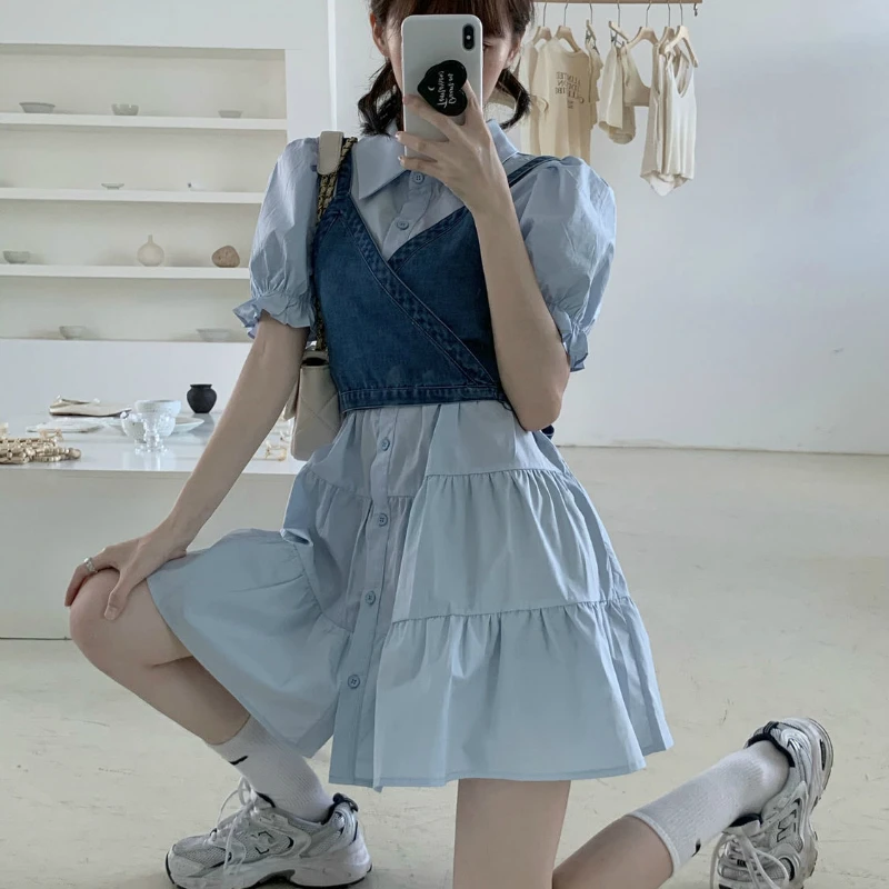 

Женские комплекты с отложным воротником, пышным мини-платьем с короткими рукавами, джинсовые майки, летний сексуальный комплект из 2 предметов, повседневная уличная одежда, милый ретро 2025