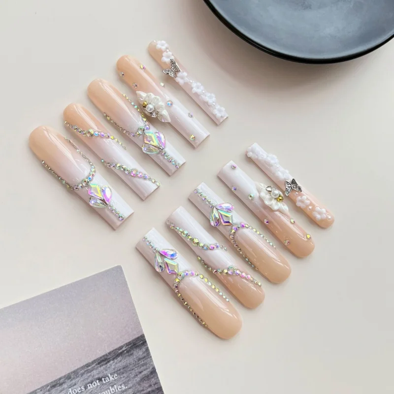 

European and American Ins Hand-Worn Armor Y2g White Gradient Long Water Stick-on Crystals French Nail Stickers