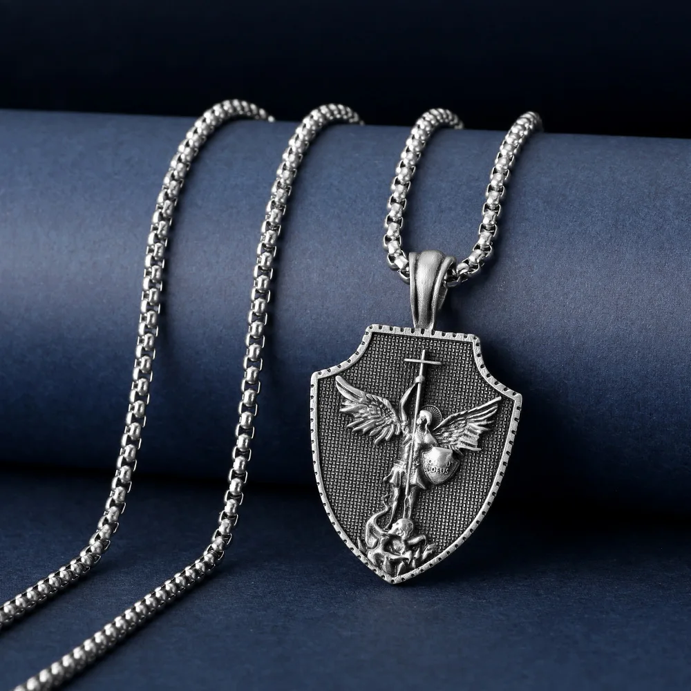 Stainless Steel Jesus Cross Charm Viking Necklace Men's Shield Dragon Slayer Amulet Pendant Saint Nicholas Juvenile Jewelry