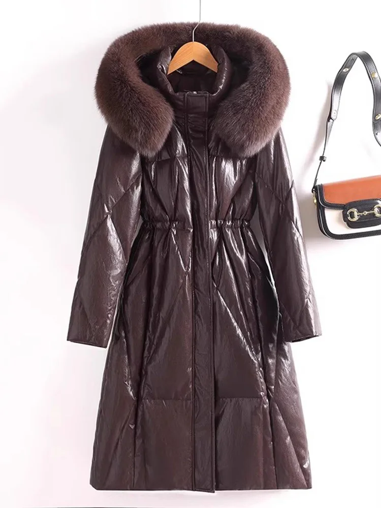 جديد إمرأة شتاء انقسام الجلود أسفل معطف موضة مقنعين الثعلب الفراء طوق الرباط الخصر النحيف معطف دافئ معطف جلد يومي غير رسمي #3