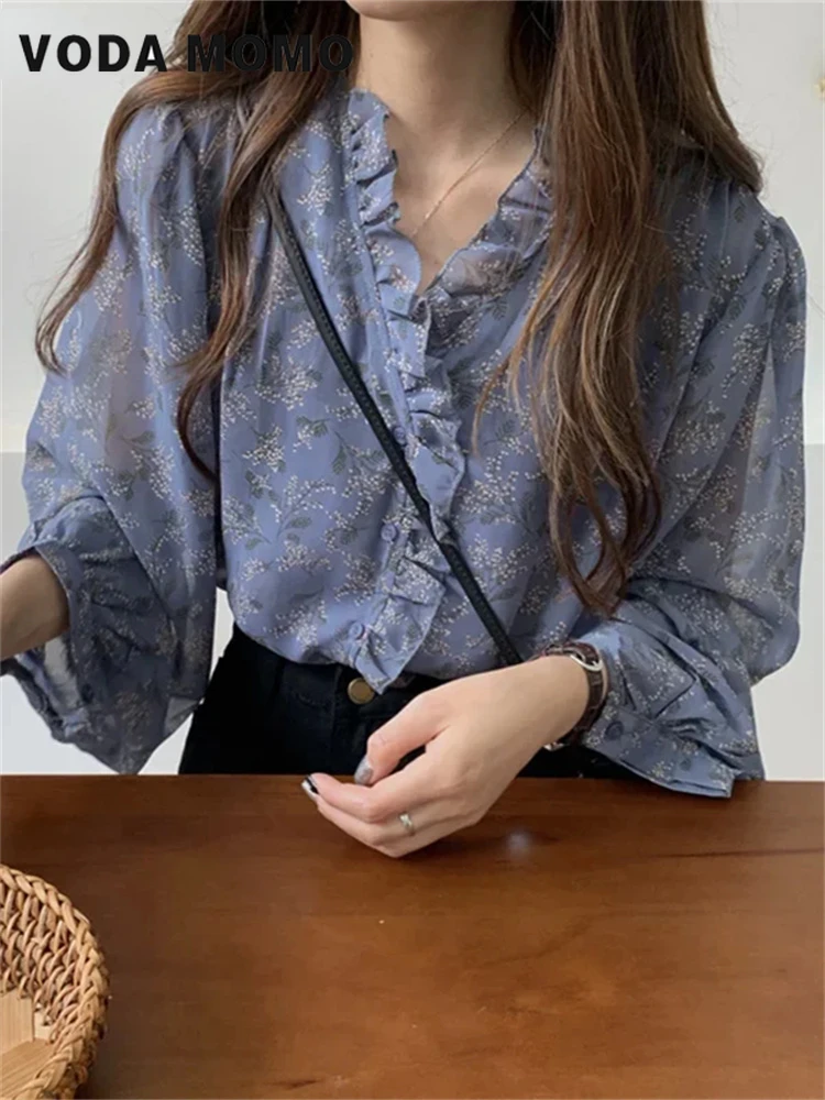 Korean Spring Summer Cozy Leisure All-match V-neck Design Blouses Women Elegant Gentle Soft Floral Long Sleeve Chiffon Ruffles