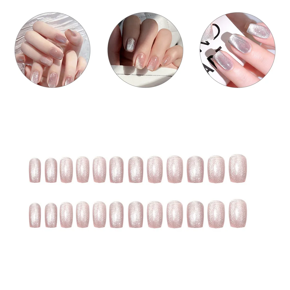 

24pcs Phototherapy Nail Patches Fake Short Press On Nails Decorative False Manicure Tips Glue Apply Home Prom Nightclub