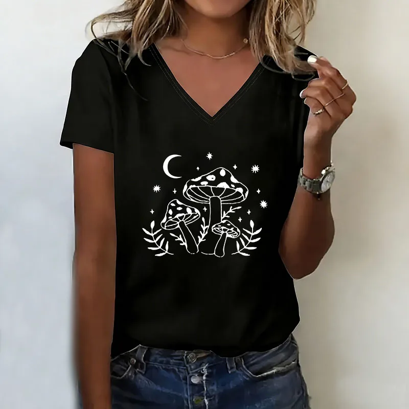 Vintage Mushroom with Star T-shirt V Neck Casual Fashion Y2k T Shirts Women Short Sleeve Tee Shirt V-Neck Summer Spring