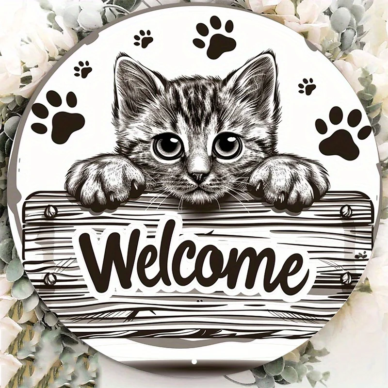 Round Aluminum Cat Welcome Sign, Metal Wall Decor, Peeking Kitten Design, Waterproof, Weather-Resistant Door Hanger, Cute