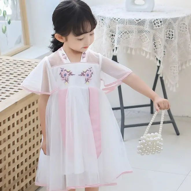 2024 New Summer Girls\' Hanfu Dress Children\'s Antique Flying Sleeve Mesh Skirt Baby Princess Dress Girl\'s Casual Dress