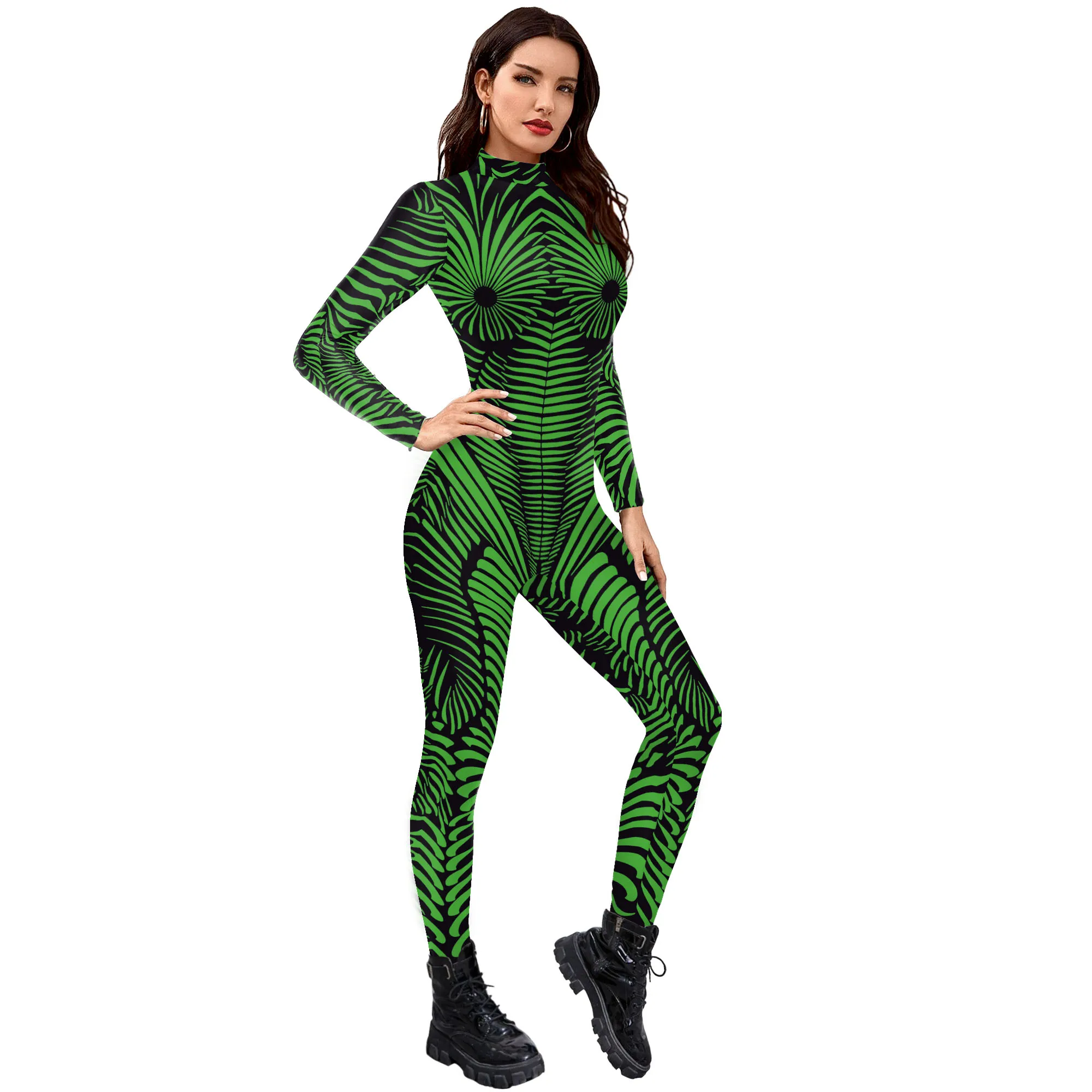 Vip Mode Inheemse Groene Zentai Pak Vrouwen Carnaval Bodysuit Bedrukte Panty Outfit Vakantie Cosplay Kostuum Meisje Feestkleding