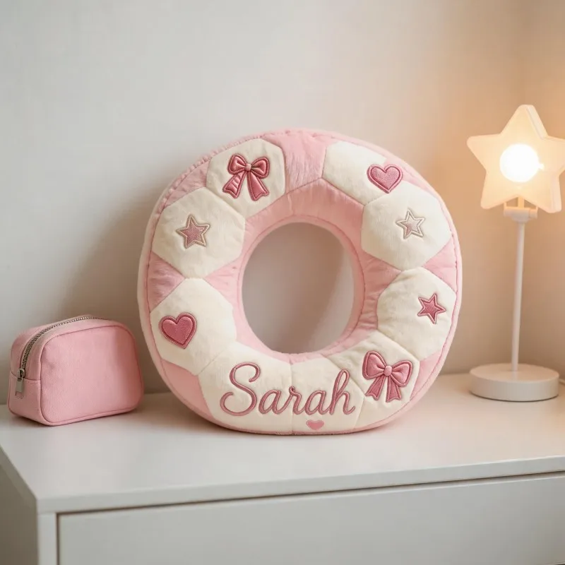 Personalized O Letter Pillow with Name Bow Heart Star Plush Cushion Romantic Home Decor Gift for Wife Girlfriend Anniversary