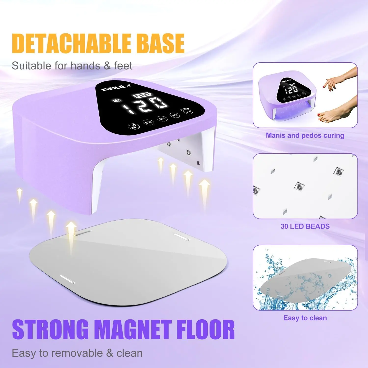 مصباح أظافر LED لاسلكي للأشعة فوق البنفسجية لأظافر الجل، تحكم باللمس، 4 مؤقتات، مستشعر تلقائي - أرجواني