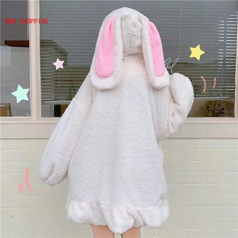 Kawaii Rabbit Ears Hooded Coats Japanese Korean Girl Warm Women Jacket Fall Winter New Sweet Soft Lambswool Ruffles Parkas White