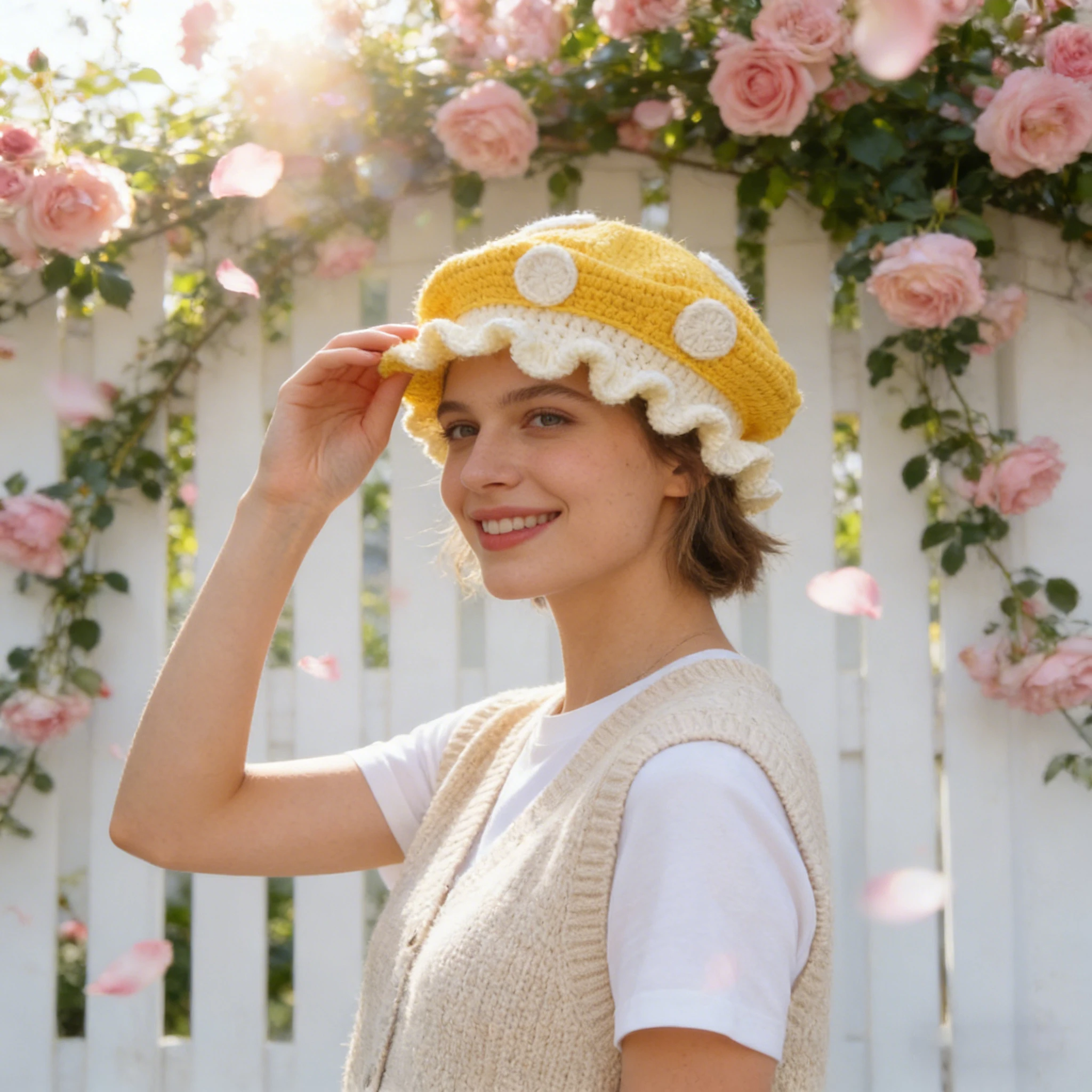 1 Stück, Kawaii Häkelpilz-Baskenmütze mit Rüschen, Y2K-Ästhetische süße Strickmütze für das tägliche Outfit.