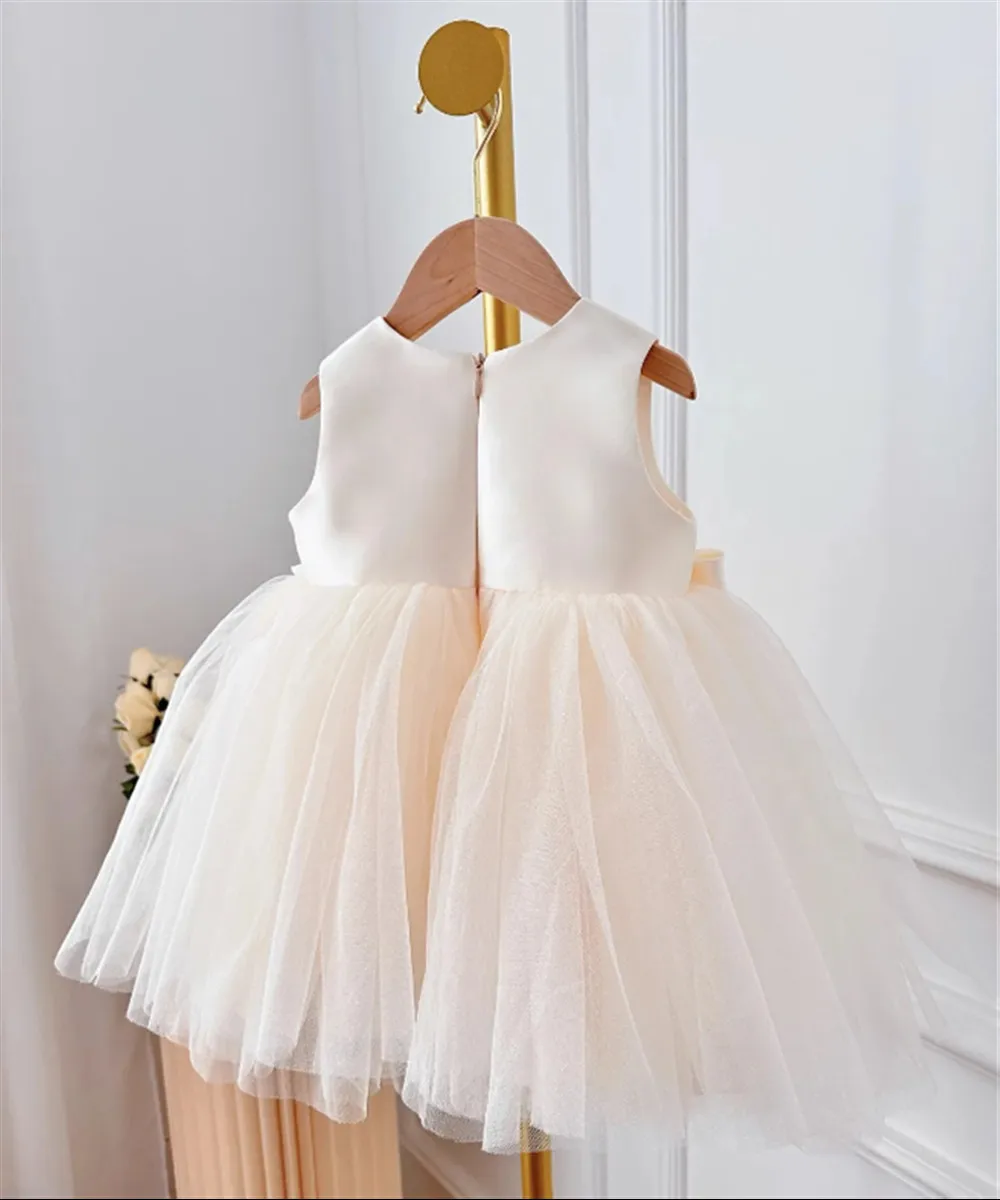 Cute Flower Girl Wedding Dress Princess Bow Satin Tutu Dress Sleeveless Infant Toddler Child Elegant Birthday Party Baby Cloth