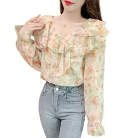 Green Flowers Soft Woman Top Chiffon Tunic 2025 Youthful Clothes Casual Youth Clothing Trend Elegant Shirts & Blouses for Women - Image 3