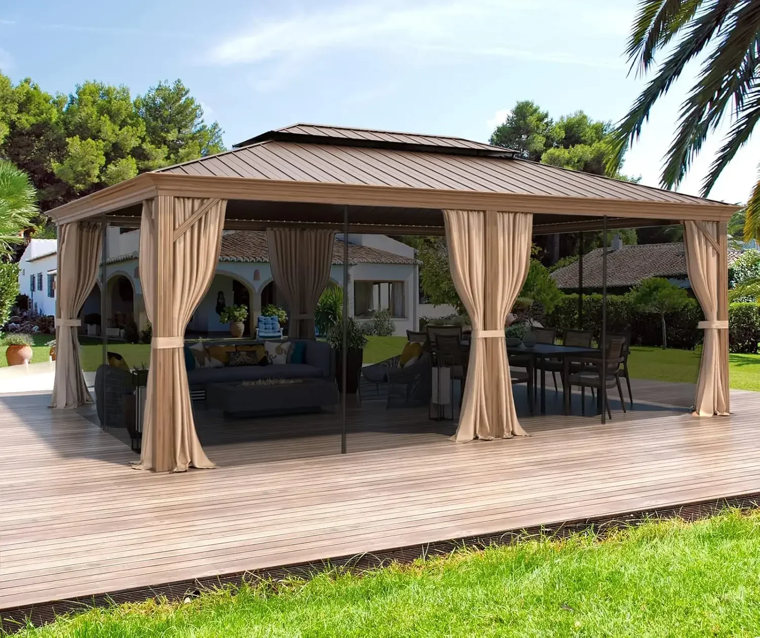 Brown Metal Gazebo with Curtains and Nettings for Patio, Lawn & Garden