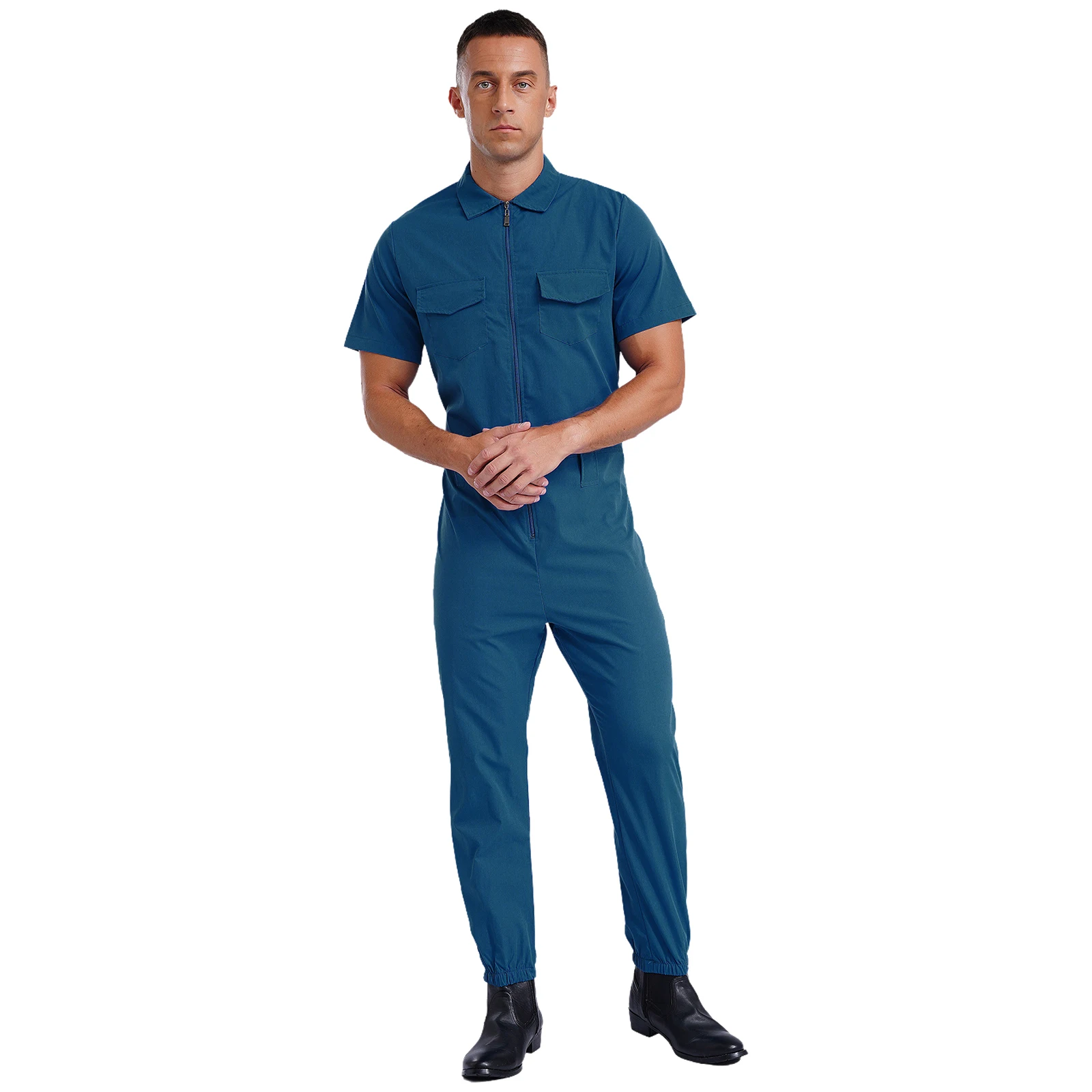 Pantaloncini da uomo tuta manica uniformi da officina tuta tinta unita tute pantaloni Cargo pantaloni con bretelle tasche con cerniera pagliaccetti