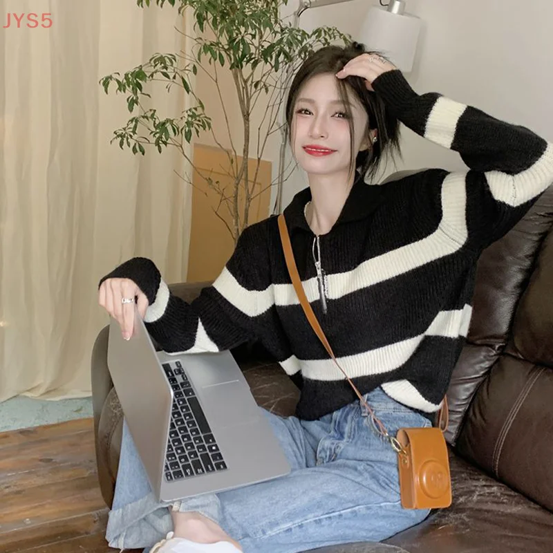 

【JYS5】Корейский полосатый свободный повседневный вязаный свитер с лацканами и длинными рукавами для женщин