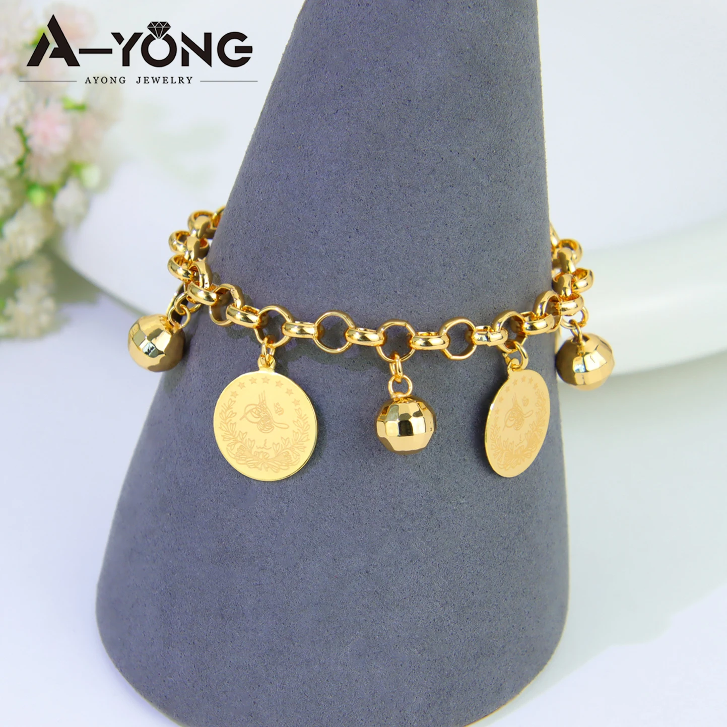 Saudi Muslim Gold Color Coins Bracelet 21k Gold Plated Elegant Balls Bangles Nigeria Brazilian Women Wedding Party Jewelry