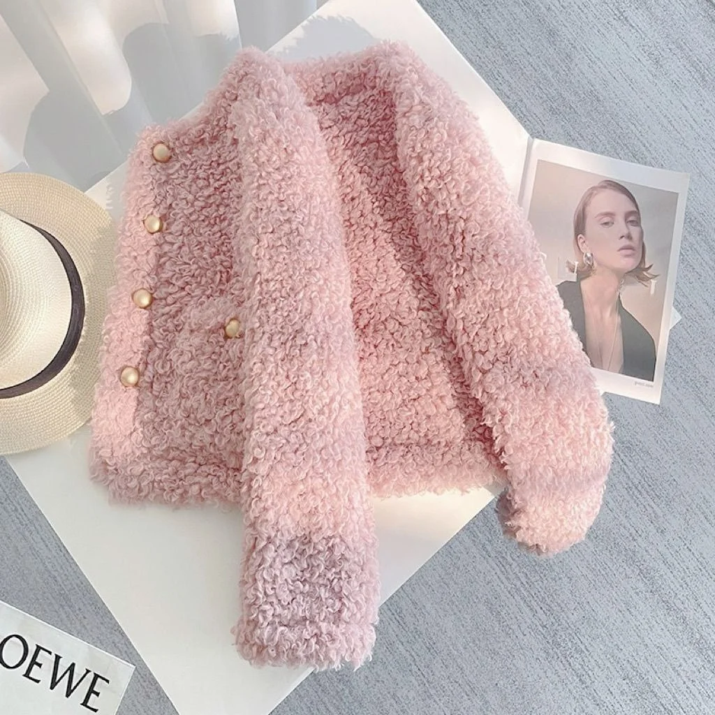 ラムファーまたはジャエット女性用スティーンレザーとファーの組み合わせ冬用新作スリムフィットファッショントップス