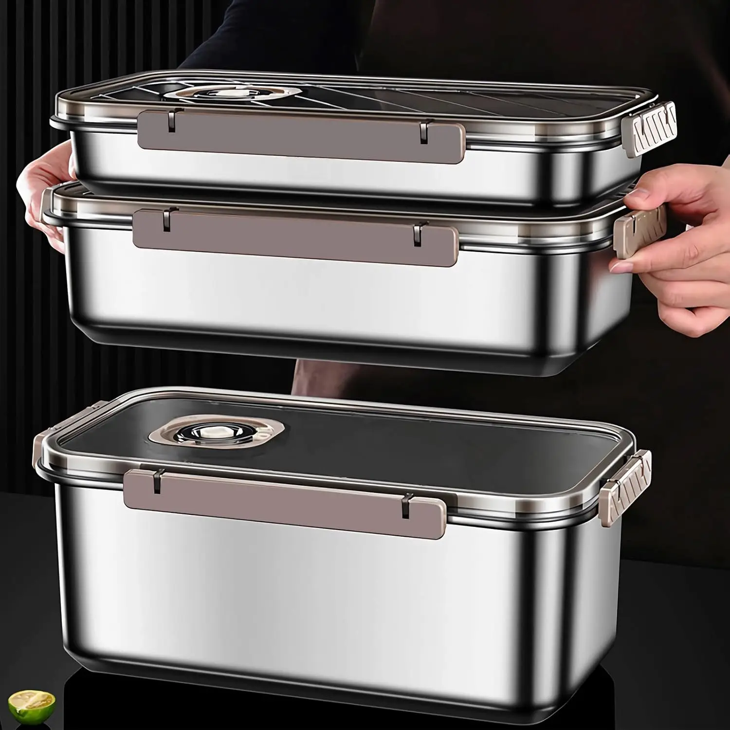 3pcs/Set Large Stainless Steel Food Storage Containers With Lids For Kitchen Picnic Travel Durable Leak-Proof Design Vacuumable