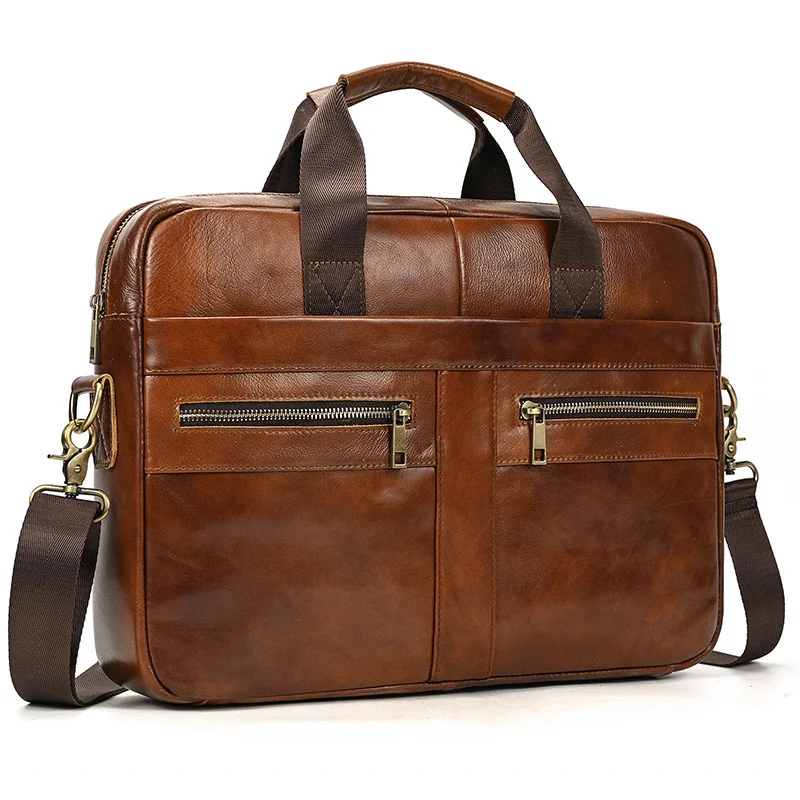 

Men's leather briefcase business man's bag top layer cowhide lawyer's computer style large 15.6 laptop with strap