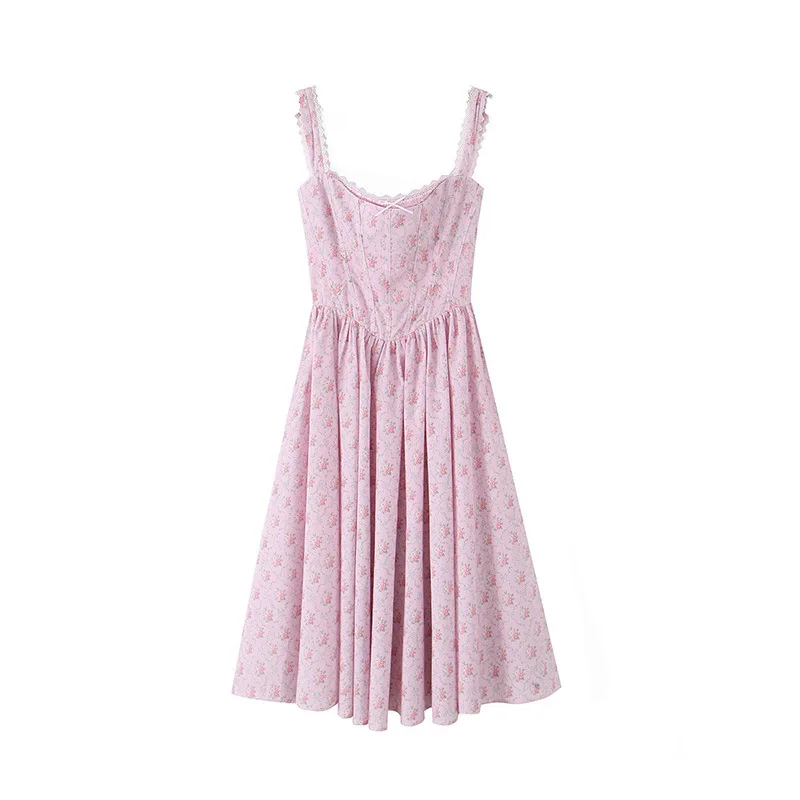 French Retro Floral Fishbone Waist Stitching Design Sense Drawstring Lace-up Skirt Spring/summer 2025 Women's Printed Dress image 3