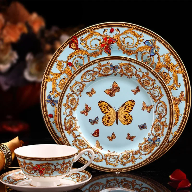 4 pcs /set Bone China Western Food Plates Coffee Cup Saucer Set Luxury Dinner Tableware Steak Cups And Saucers Kit