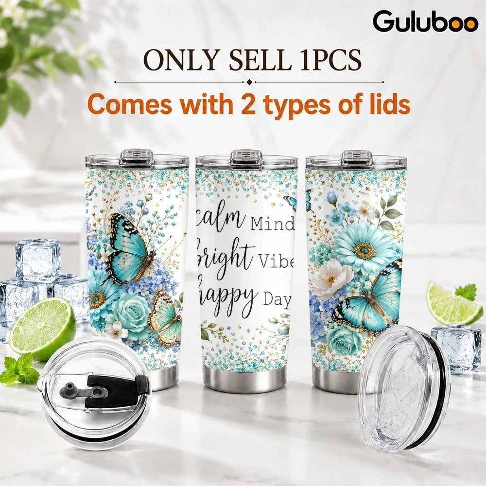 Positive Butterfly Floral Prints Vacuum Flasks 20oz Coffee Tumbler With 2 Lids & Straw Stainless Steel Vacuum Insulated Mug