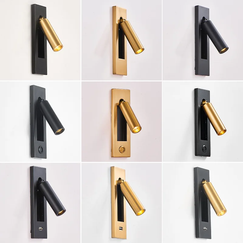 Modern LedLamp Copper/Black Embedded Sconce Led 3W USB LED Reading Light Adjustable  Night Lights Lamp