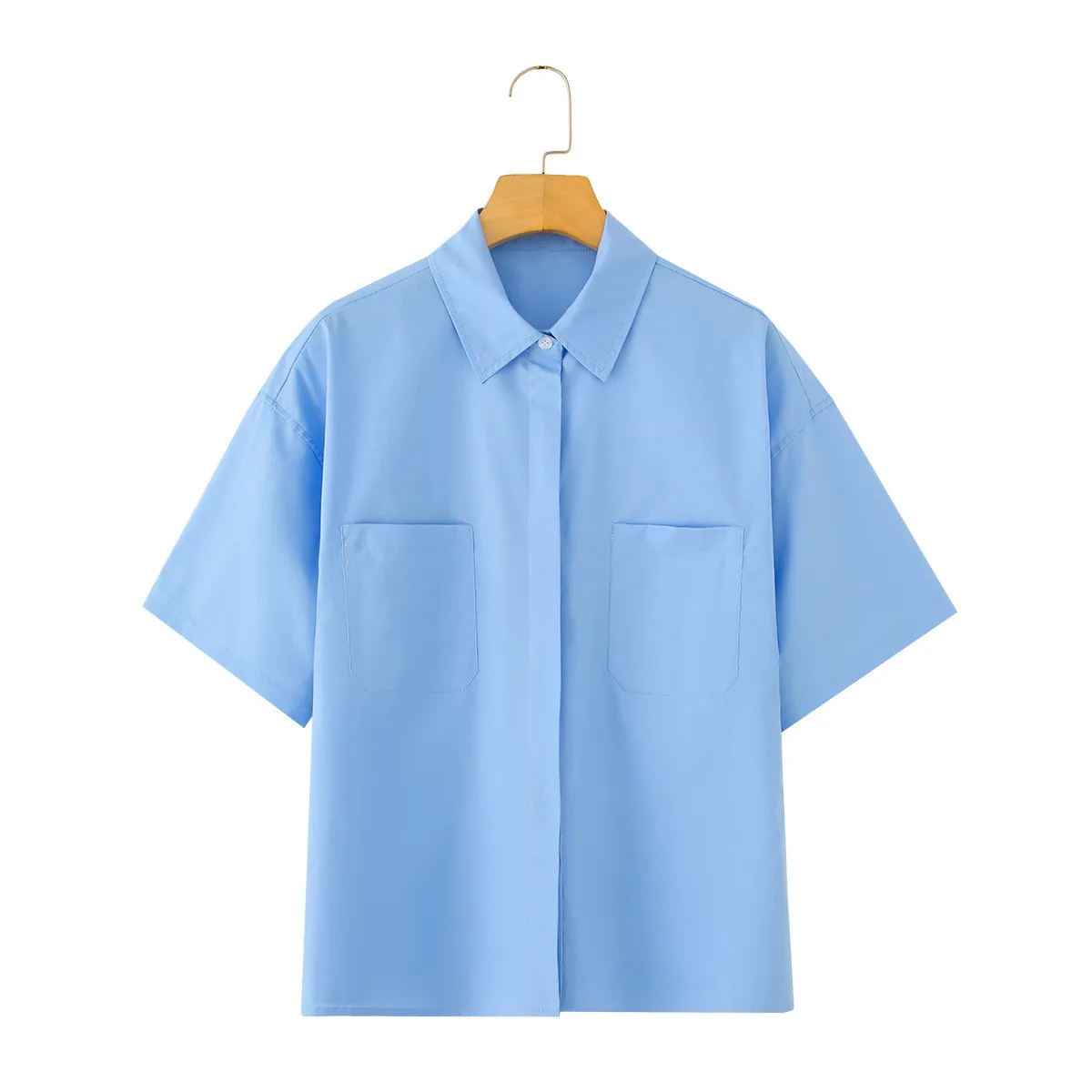 BSK & TRAF قميص قصير من القطن بأكمام قصيرة من BSK & TRAF 2025 صيفي جديد للسيدات ذو طية صدر السترة ملابس علوية غير رسمية قميص ركاب مستقيم