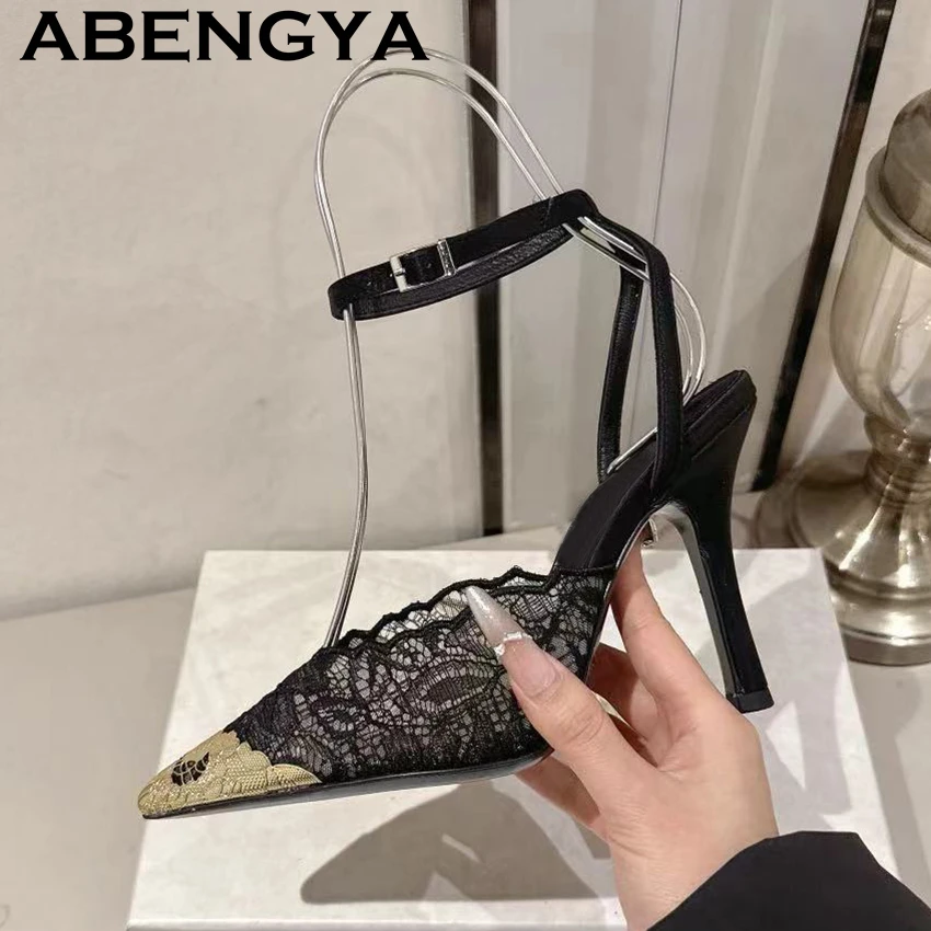 2026 Summer Black Lace High Heels Sandals Women Fashion Gold Pointed Toe Ankle Buckle Stilettos Sexy Party Wedding Brides Shoes
