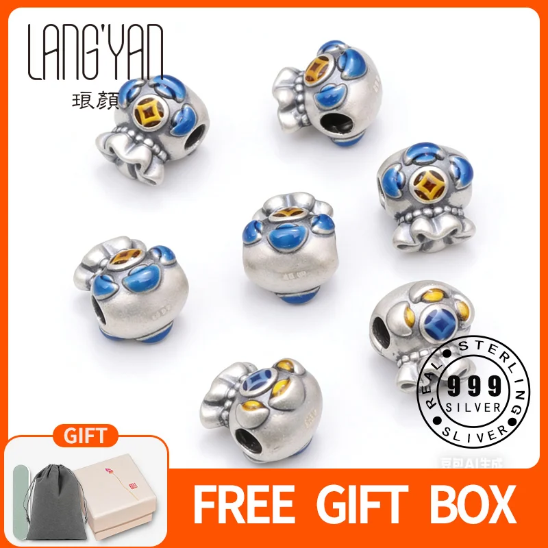 

Серебряный бусинный шарик Langyan 999 пробы «Счастливый мешочек», в китайском стиле, с эмалью, из настоящего серебра, для рукоделия, для браслетов, PZ019