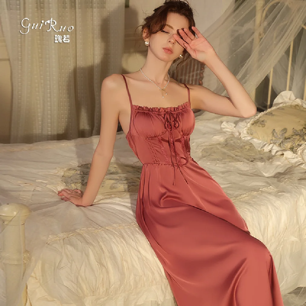 Длинный халат для сна Passionate Spicy Ice Silk с нагрудником, нижнее белье Sweet Pure Desire, сексуальное платье для сна для женщин