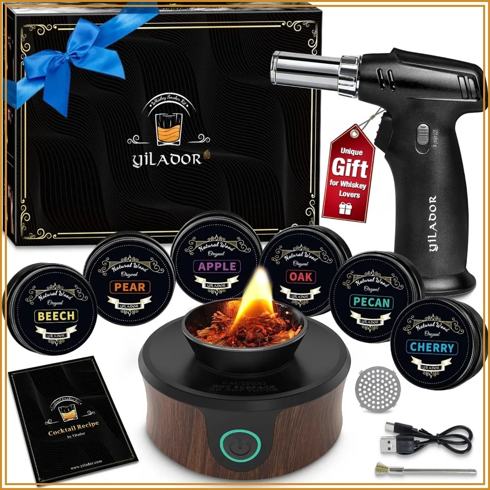 

Electric Whiskey Smoker Kit with Torch, 6 Wood Chips – Infuse Rich Smoky Flavors in Bourbon & Cocktails, Gift for Him