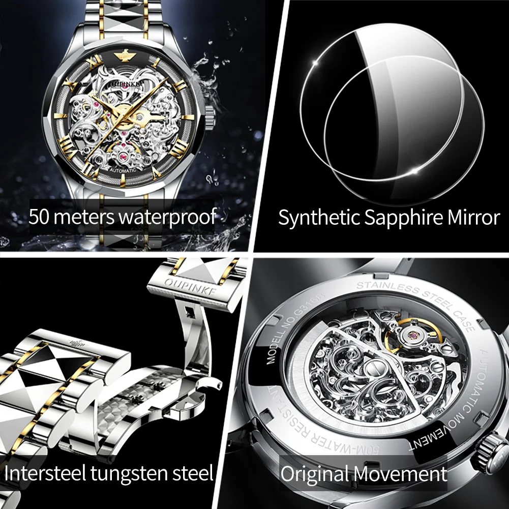 OUPINKE High Quality Automatic Watch for Men Tungsten Steel Strap Sapphire Mirror 5Bar Waterproof Hollow Out Watch Reloj Hombre