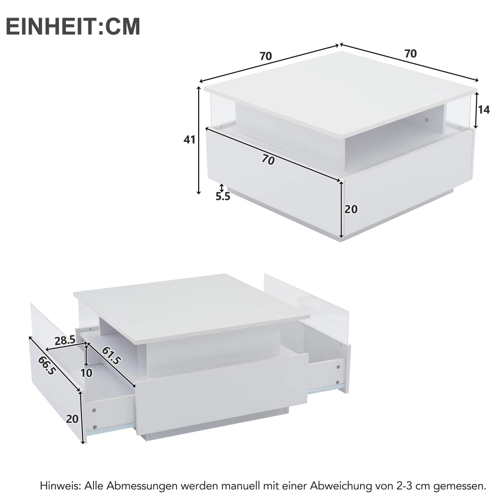 70 x 70 x 41 cm großer moderner Hochglanz-LED-Couchtisch mit 2 Schubladen und transparentem Präsentationsbereich, belastbar bis zu 30 kg – Detail 38