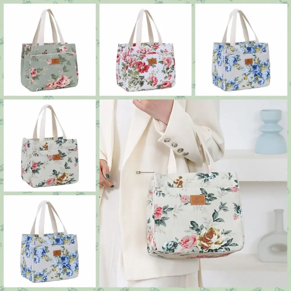 Insulated Floral Print Lunch Bag Foil Lining Zippered Thermal Picnic Bag Large Capacity Japanese Style Tote Bag Outddor