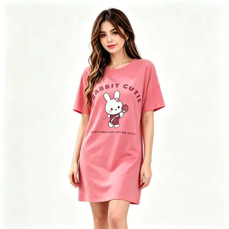 

Women's Four Seasons Spring and Summer Casual Sweet Cute Rabbit Soft Women's Nightgown Home-based casual wear