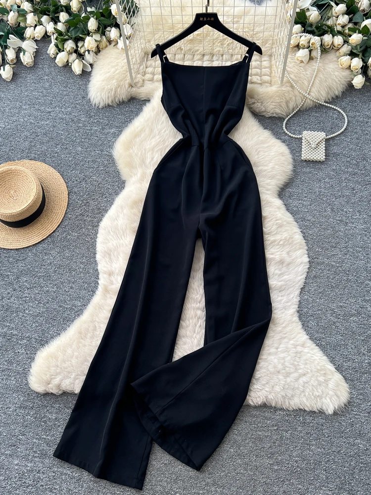 

Cool Black Strap Romper Women's High Waist Wide Leg Pants Slimming Effect Summer Fashion Commute Style Standard Thickness