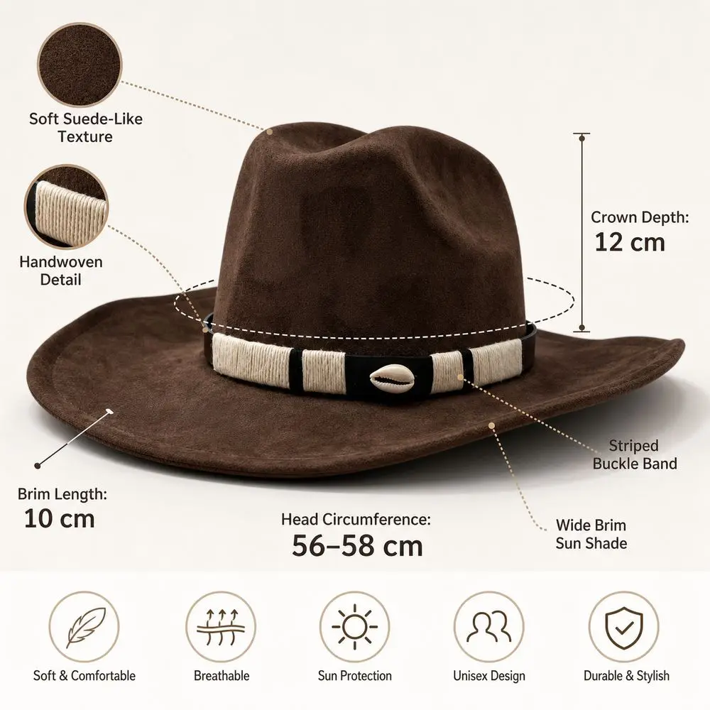Unisex Wide Brim Cowboy Hat Striped Buckle Band Felt Construction Rancher Hat Polyester Small Woolen Top Western Fedora Hat