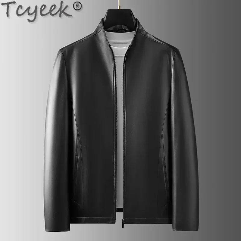 Tcyeek Real Leather Jacket Men Business Casual Leather Coat Autumn Clothes Stand Collar Sheepskin Mens Coats 2024 Jaqueta Couro