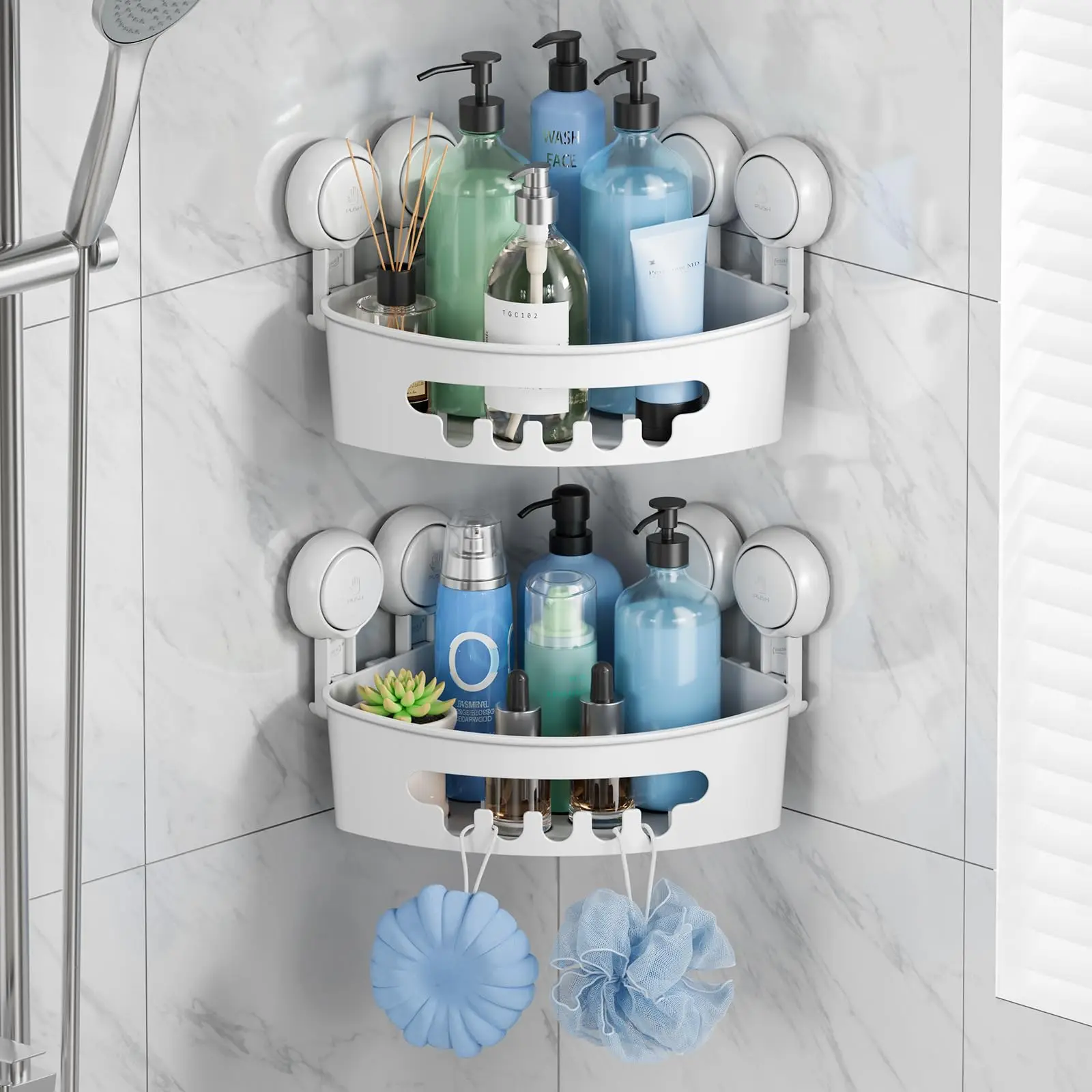 TAILI Shower Corner Shelves 2PCS Suction Shower Shelf Small Bathroom Storage Triangle Shelf for Shampoo Conditioner Organizer