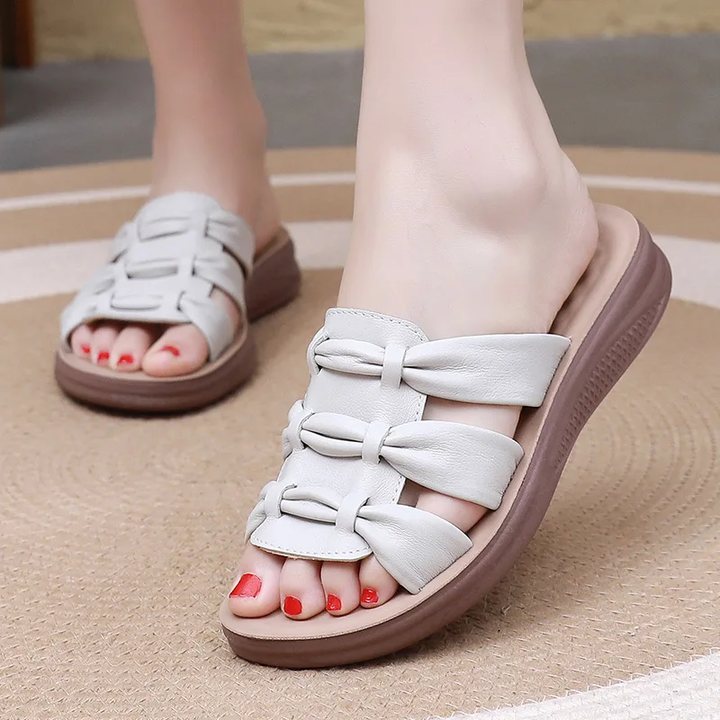 

White Wedge Slide Sandals For Women With Woven Strap Design Comfortable Non Slip Breathable Casual Summer Outdoor And Daily